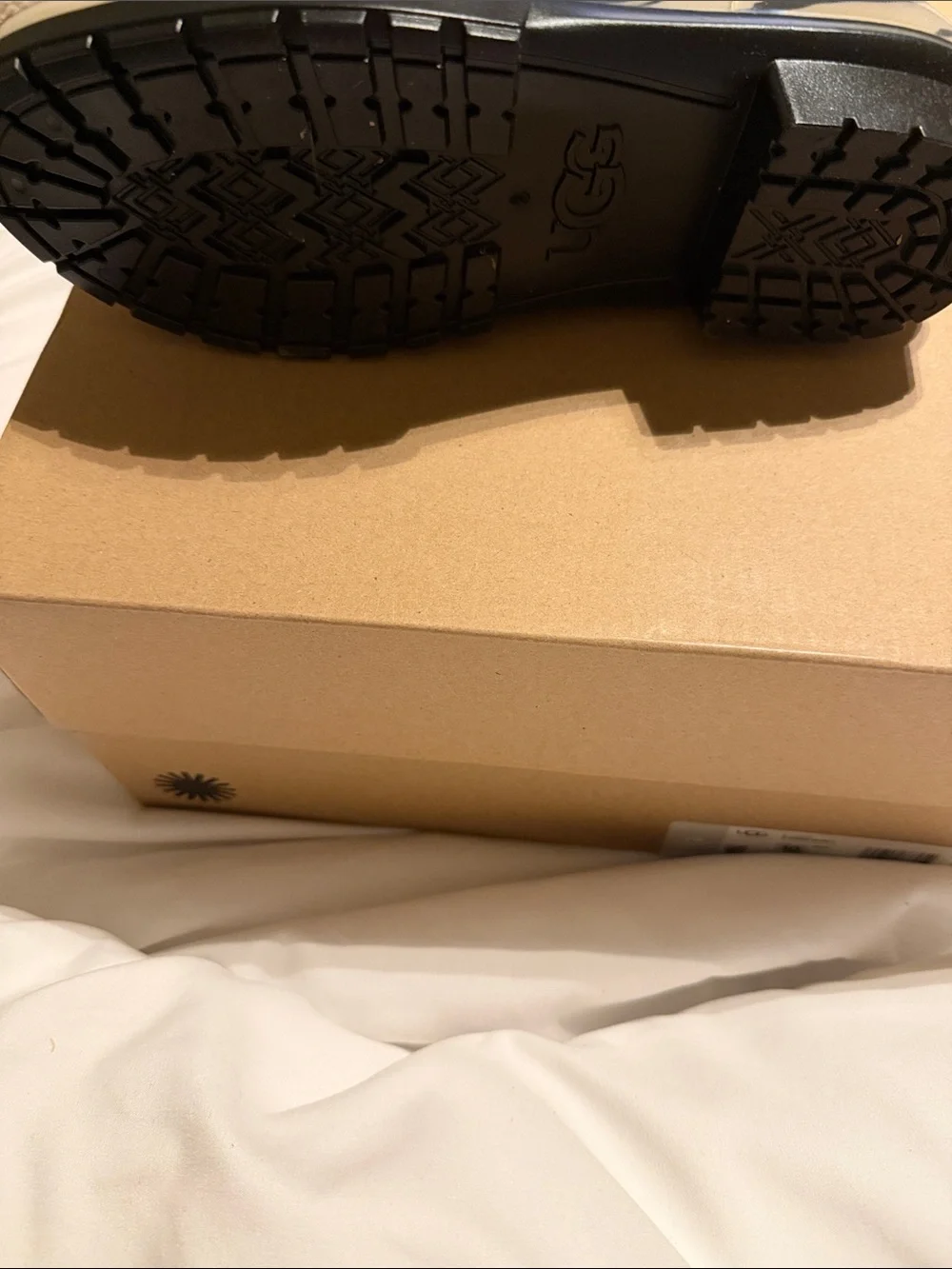 UGG Beige Marble-Print Rain Boots with Black Swirl Accents